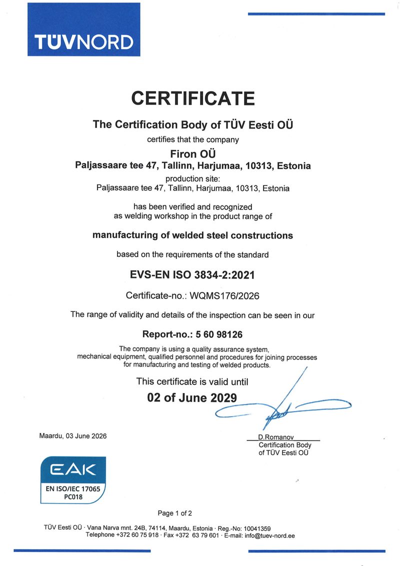 EVS-EN ISO 3834-2 keevitustöökoda — Firon OÜ
