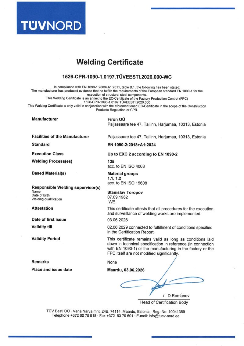 Keevitussertifikaat, EN 1090-2 — Firon OÜ